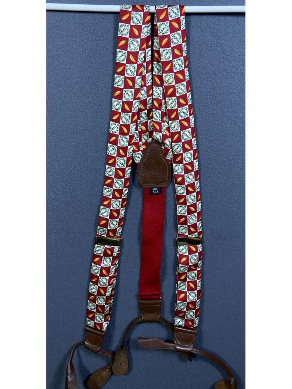 Vtg Tabasco Silk Suspenders Mens OS Red Checkerboard Pepper Made in England
